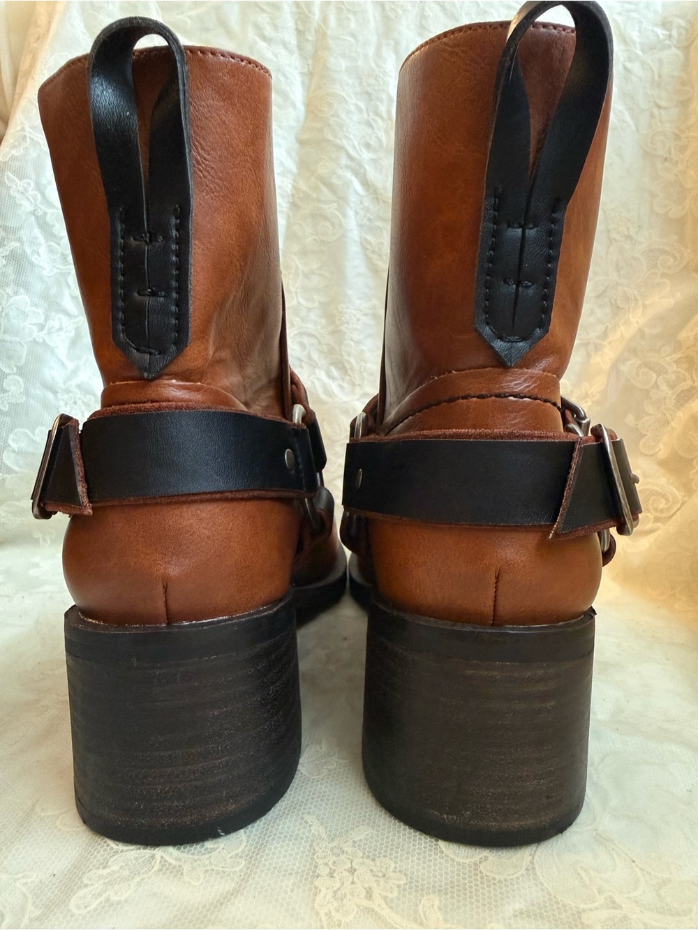 SOLD BEAST FASHION Tan/Brown Faux Cognac Leather with Moto Straps Western NWOT - Picture 4 of 11